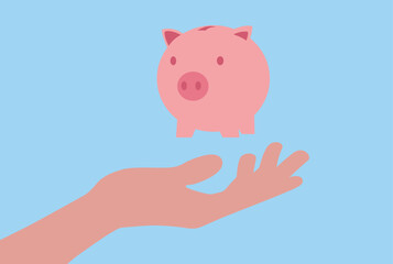 Vector illustration of a hand holding and protecting a piggy bank it is symbol of careful savings