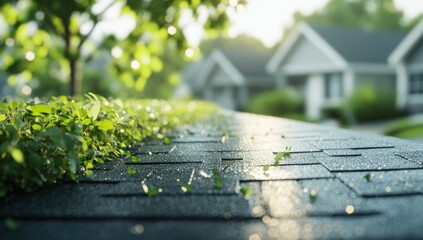 Fototapeta premium Tranquil Suburban Morning: Roof Greenery and Sunlit Shingles