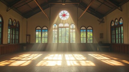 Sunlight streams through stained glass windows of a church
