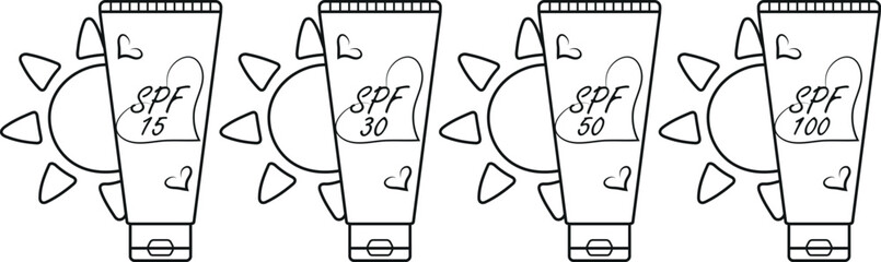 icons of a classic vertical tube with sunscreen and a sun on the side in line art style, for summer designs