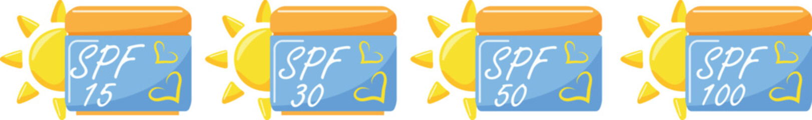 icons of compact rectangular jars with sunscreen and a sun on the side, for summer designs