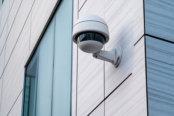 Modern security camera mounted on contemporary building exterior for surveillance purposes