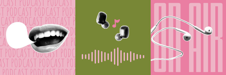 A collection of podcast blog covers in collage style. Dotted halftone textures, jagged edges, sound icons and colorful design for digital audio content, headphones and mouth with speech bubble.