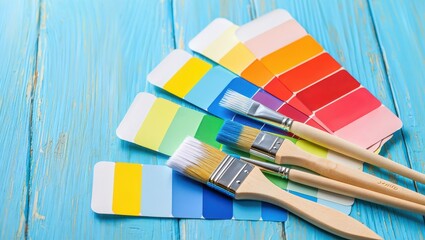 Paint brushes with color swatches on a blue wooden background