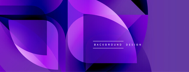 Abstract purple design features overlapping geometric shapes. Gradient colors create dynamic visual effect. Modern, sleek presentation.