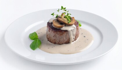 A mouthwatering filet mignon steak with mushroom sauce, isolated white background