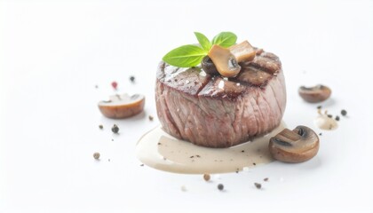 A mouthwatering filet mignon steak with mushroom sauce, isolated white background