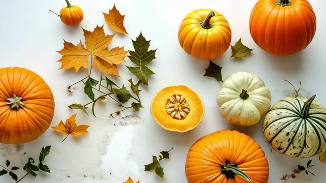 autumn arrangement of assorted pumpkins and maple leaves on white textured surface