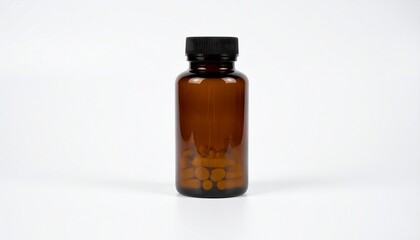 Brown glass bottle with supplement isolated on white background. 