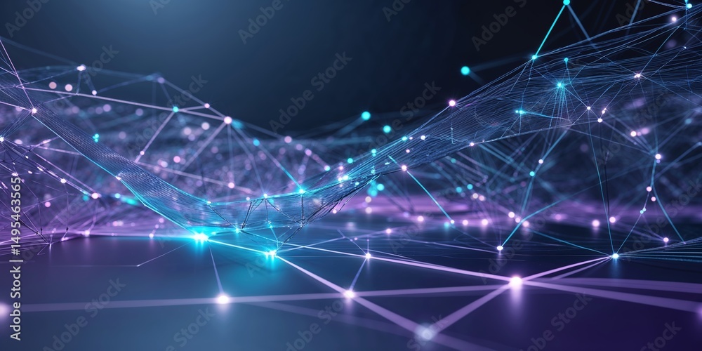 Poster futuristic network visualization with glowing nodes and interconnected lines in a digital space at n
