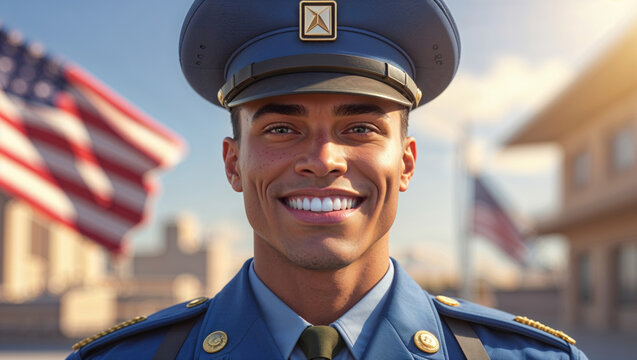 An American military officer in uniform smiles proudly in front of the flag on a sunny day.
