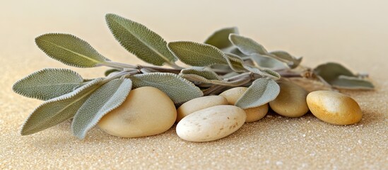 Fototapeta premium Sage Leaves and Pebble Stones Harmoniously Arranged on Textured Surface