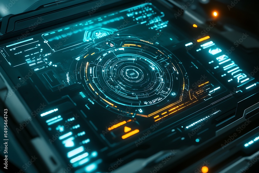 Fototapete Close up view of a futuristic user interface with circular patterns and glowing elements displayed