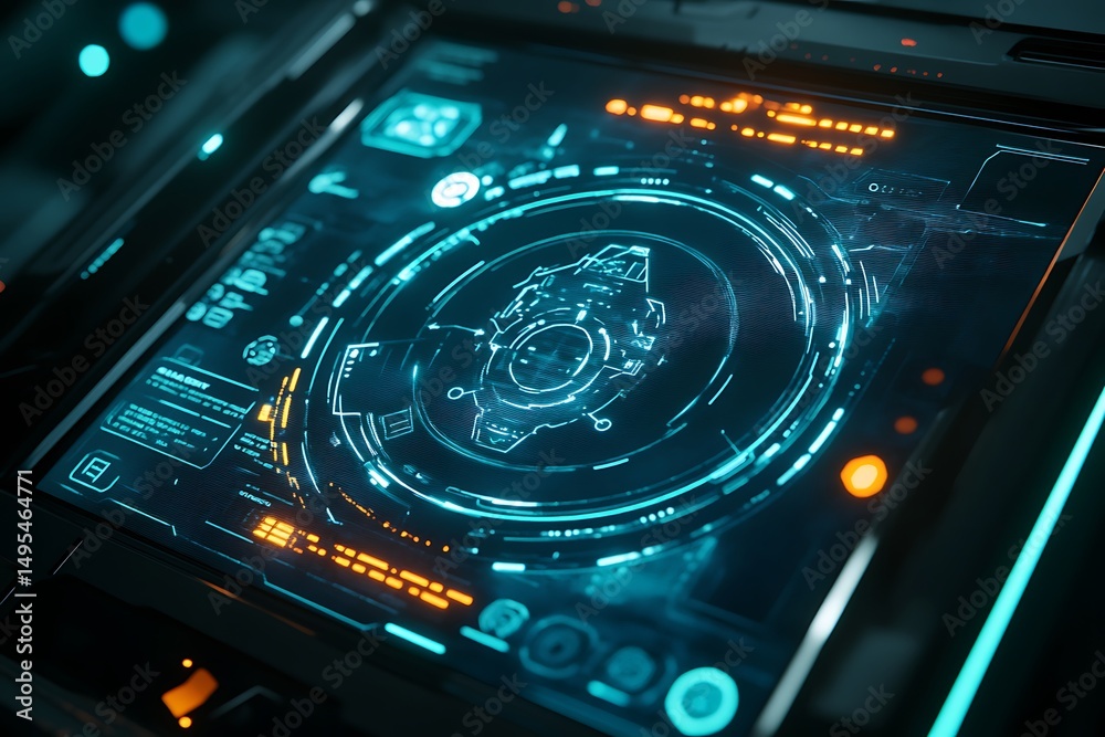 Fototapete Close up of a futuristic digital display screen with glowing blue and orange elements showing data