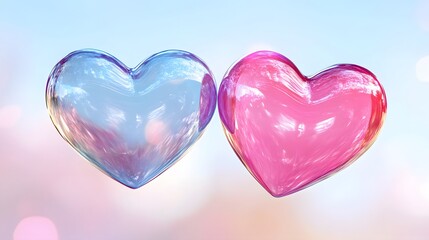 Obraz premium Two translucent hearts, light-filled and delicate, floating in a soft pastel background.