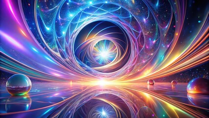 Obraz premium A luminous cosmic portal unfolds, vibrant energy streams converge at its heart, iridescent spheres reflect ethereal light on a polished, reflective surface.