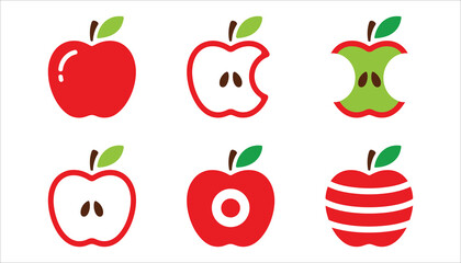 Flat Apple Icons Set. Colorful Fruit Slice and Bite Vector Illustration.