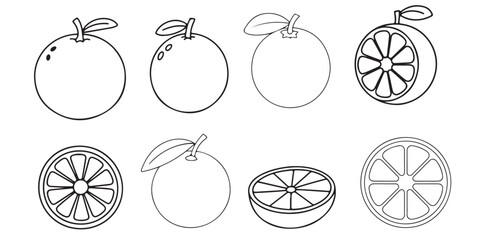 Orange Fruit Line Art Illustrations Set, Coloring Pages, Orange Fruit Icons Set Whole Oranges Slices and Black Silhouettes, Black and White Plum Fruit Icons Set Graphic