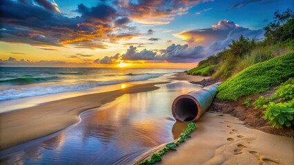 Serene Coastal Sunset with Ocean Waves and Drainage Pipe on Sandy Beach
