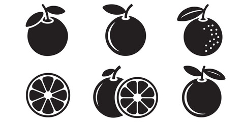 Orange Fruit Line Art Illustrations Set, Coloring Pages, Orange Fruit Icons Set Whole Oranges Slices and Black Silhouettes, Black and White Plum Fruit Icons Set Graphic