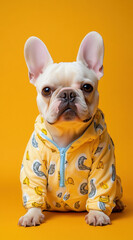 Cute French Bulldog wearing banana patterned pajamas sits against vibrant yellow background