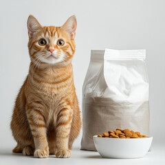 Cute orange cat sits next to bowl of kibble and bag of pet food