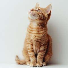 Cute orange cat sitting on white wall, looking up with curiosity