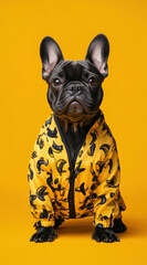 French bulldog wearing banana print pajamas sits against vibrant yellow background