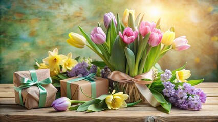 Obraz premium A delightful arrangement of spring blossoms and thoughtfully wrapped presents on a rustic wooden surface