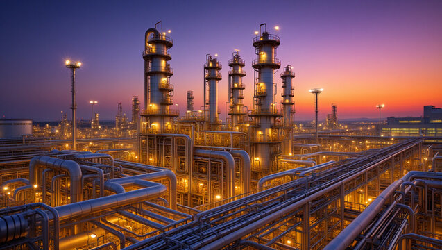 Panoramic view of a large oil refinery complex at dusk