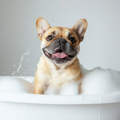 Happy dog sitting in white bathtub with soap foam, looking playful and content