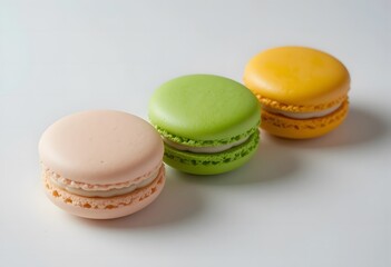 Obraz premium Three Colorful Macarons Arranged on a Pristine White Surface AI Generated