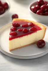 Slice of New York style cheesecake topped with cherries on plate, creating cozy and inviting dessert scene