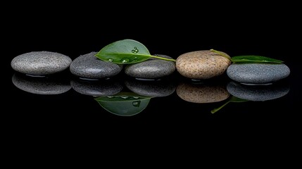 Zen Stones and Green Leaves with Reflection on Black Background