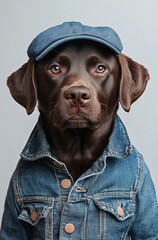 Chocolate Labrador retriever wearing denim jacket and cap, looking stylish and confident