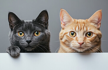 Two cute cats peeking from behind white banner with curious expressions