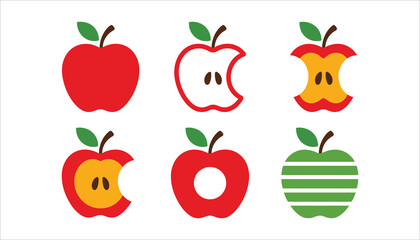 Flat Apple Icons Set. Colorful Fruit Slice and Bite Vector Illustration.