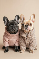 Two French Bulldogs wearing cozy sweaters sit on light beige background