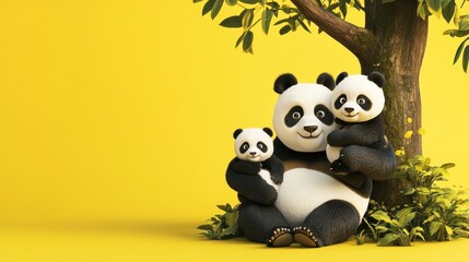 Fototapeta premium Panda family under tree, yellow background, family, wildlife, nature