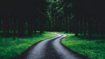 Fototapeta premium Winding Road Through a Lush Green Forest Serene Nature Path
