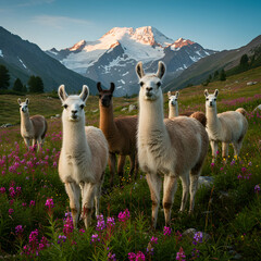 Llamas in Mountain Meadow Wildflower Landscape
