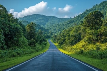 Fototapeta premium Curved asphalt road through lush green hills under a clear blue sky