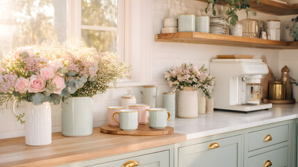 A softly styled home coffee station with pastel mugs, light wood accessories, and white walls, bathed in soft warm light from the left 49746876 1