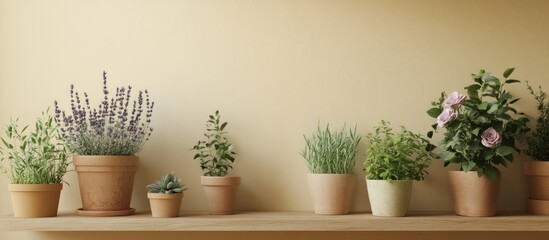 Serene Potted Plants on Wooden Shelf Against a Pale Yellow Wall