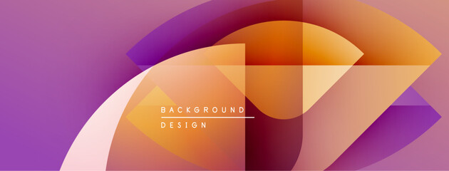 Abstract geometric shapes overlap, creating vibrant color gradients. Purple, orange, yellow hues dominate design. Modern aesthetic.