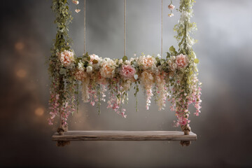 Elegant Floral Swing Decoration. A wooden swing adorned with lush flowers and greenery, creating an elegant and dreamy atmosphere. The pastel tones and soft lighting evokes romance and tranquility.
