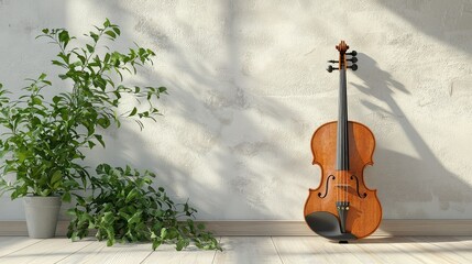 Violin leaning against a bare background wall, offering room to include music or performance details.