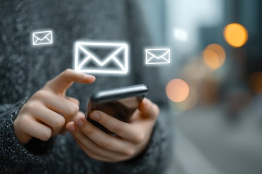 Individual interacts with a smartphone while various message icons appear against a blurred city background at dusk - Powered by Adobe