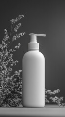 Minimalistic 3D rendering of a blank white pump bottle mockup with an empty label. Clean neutral background, perfect for branding, cosmetic packaging, skincare, or product presentation concepts.