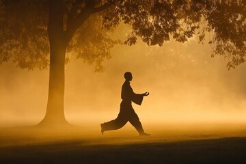 Silhouette of person practicing tai chi in misty morning